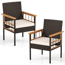 Costway - 2PCS Patio Dining Chairs with Removable Padded Cushion, Acacia Wood Armrests - Natural,Mix Brown