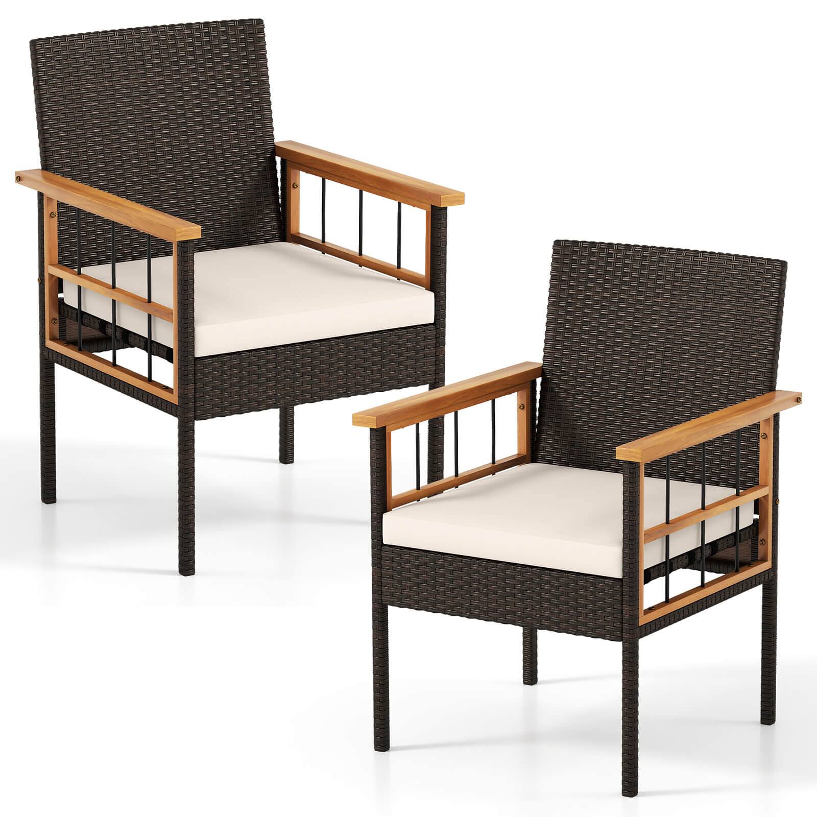 Front. Costway - Costway 2PCS Patio Dining Chairs with Removable Padded Cushion, Acacia Wood Armrests - Natural,Mix Brown.