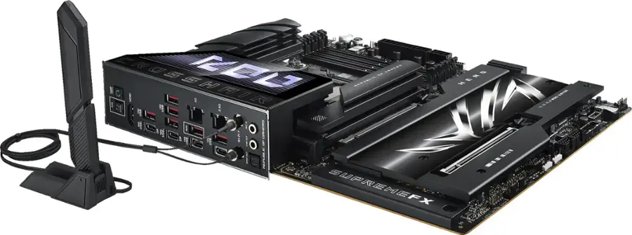 The image features a computer system with a black and white color scheme. The components include a motherboard, a CPU, a power supply, and a graphics card. The motherboard is equipped with a sound card and a USB port, while the graphics card is designed by SupremeFX. The system also features a LCD monitor, which is likely used for displaying the computer's output.