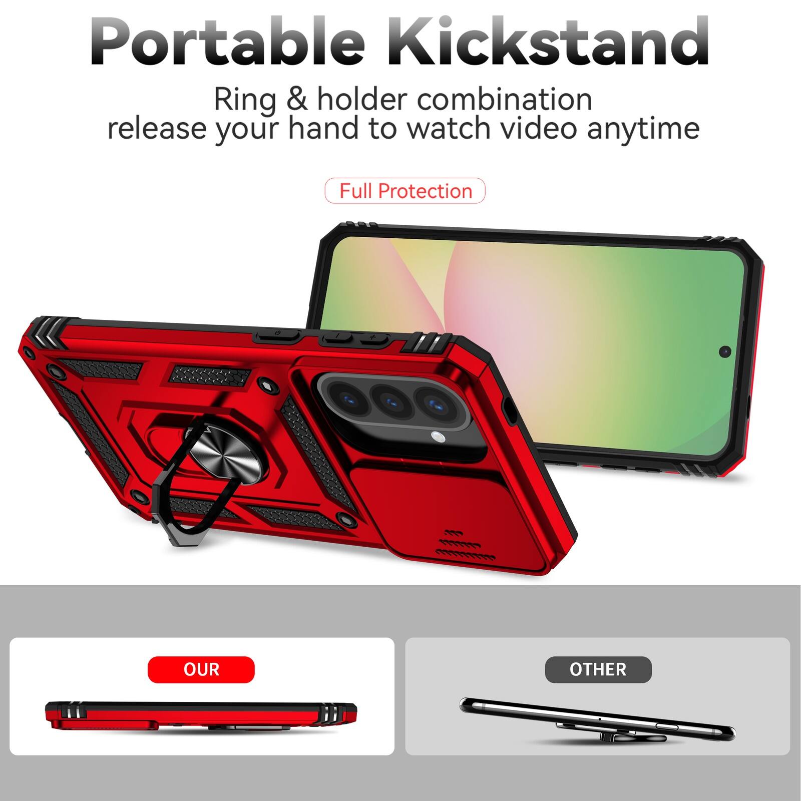 Portable Kickstand  
Ring & holder combination release your hand to watch video anytime  
Full Protection  

OUR  
OTHER