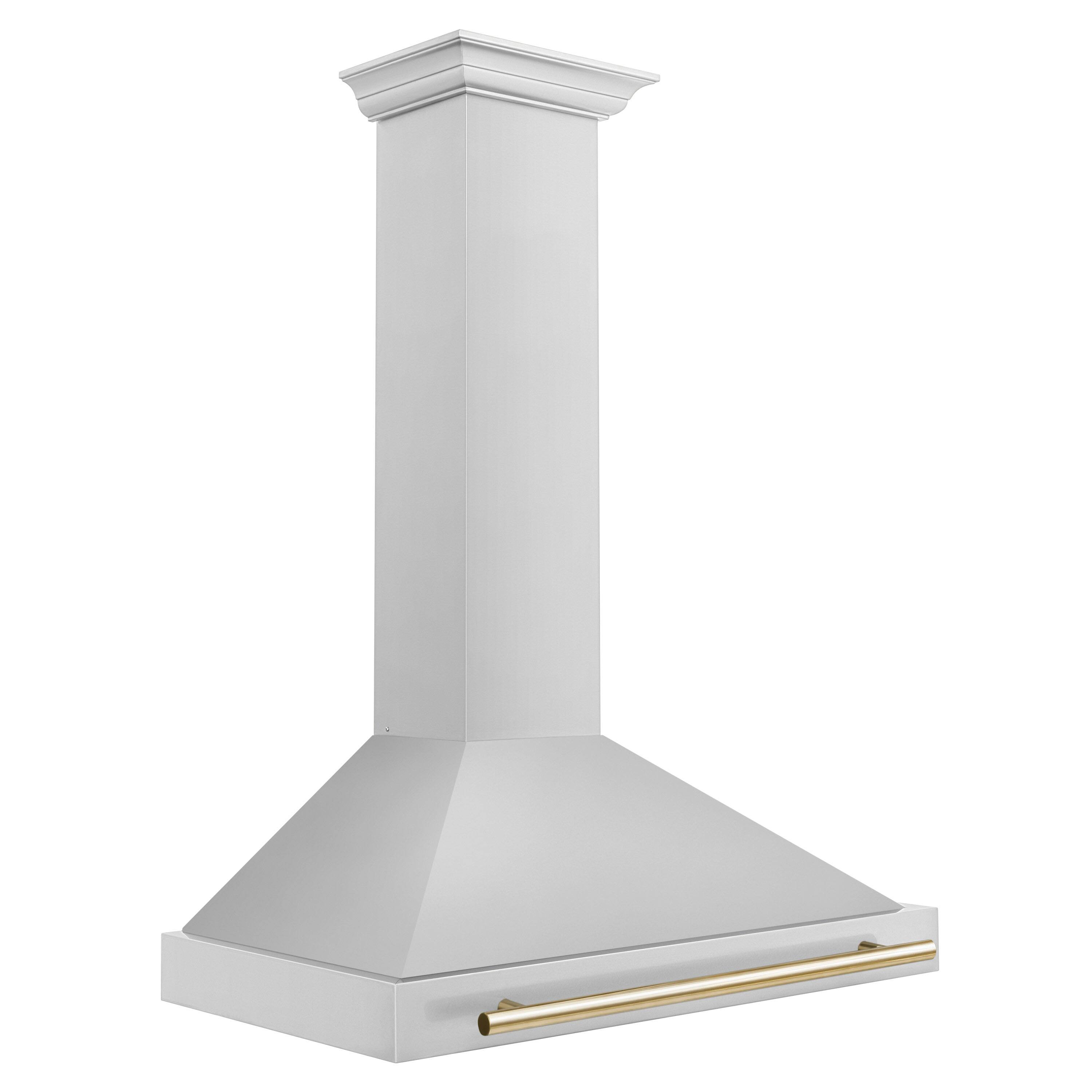 Angle. ZLINE - 36 in. Autograph Edition Convertible Stainless Steel Range Hood with Stainless Steel Shell and Polished Gold Accents - Stainless steel.
