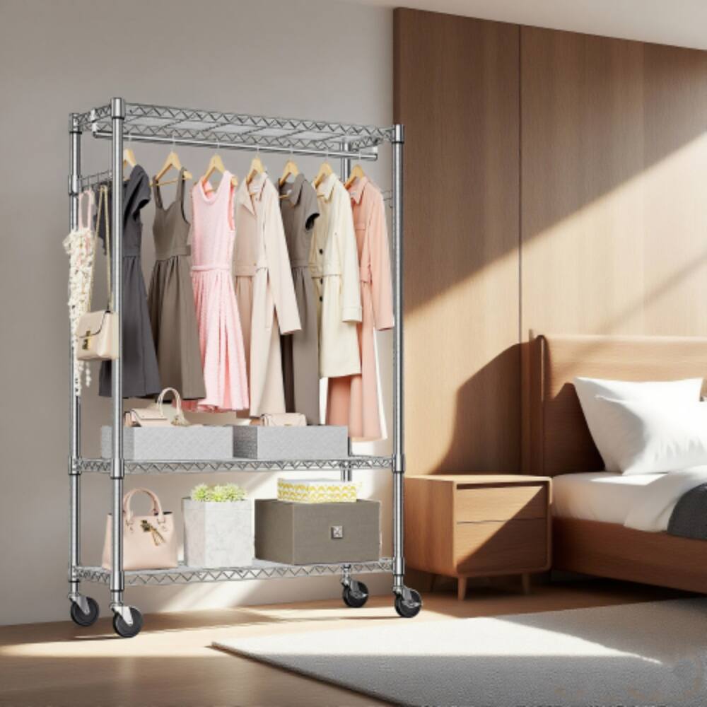 Alt View 2. LUCKY ONE - 75.6" H Heavy Duty Rolling Garment Rack w/ 1 Rod Adjustable Shelves 3-Tier - Chrome.