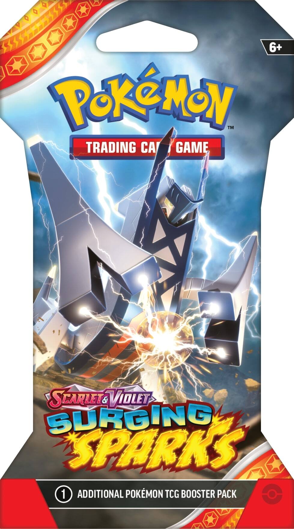 The text on the image reads: "6+ PokeMoN TM TRADING CA GAME SCARLET & VIOLET SURGING SPARKS 1 ADDITIONAL POKMON TCG BOOSTER PACK." This text is grouped and corrected as follows:

"6+ PokeMoN TM TRADING CARD GAME SCARLET & VIOLET SURGING SPARKS 1 ADDITIONAL POKMON TCG BOOSTER PACK"