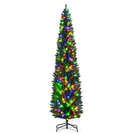 Homcom - Prelit Pencil Artificial Christmas Tree, 668 Branches, 250 Colorful LEDs, Steel Base - Green
