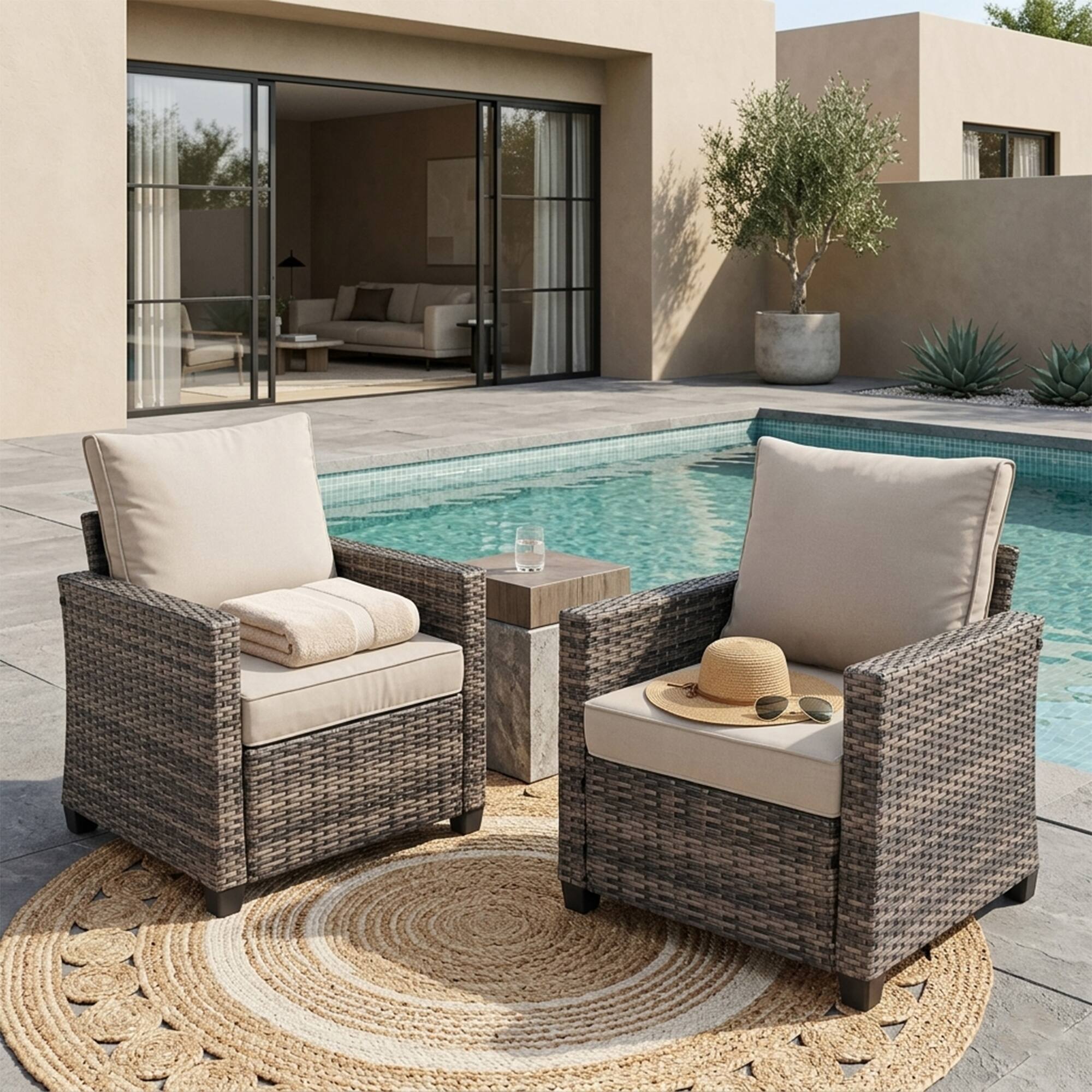 Back. Yardgrace - 2 Pcs Patio Chairs, Outdoor Rattan Wicker High Back Chairs with Comfortable Cushions, All Weather for Porch Deck - Beige.