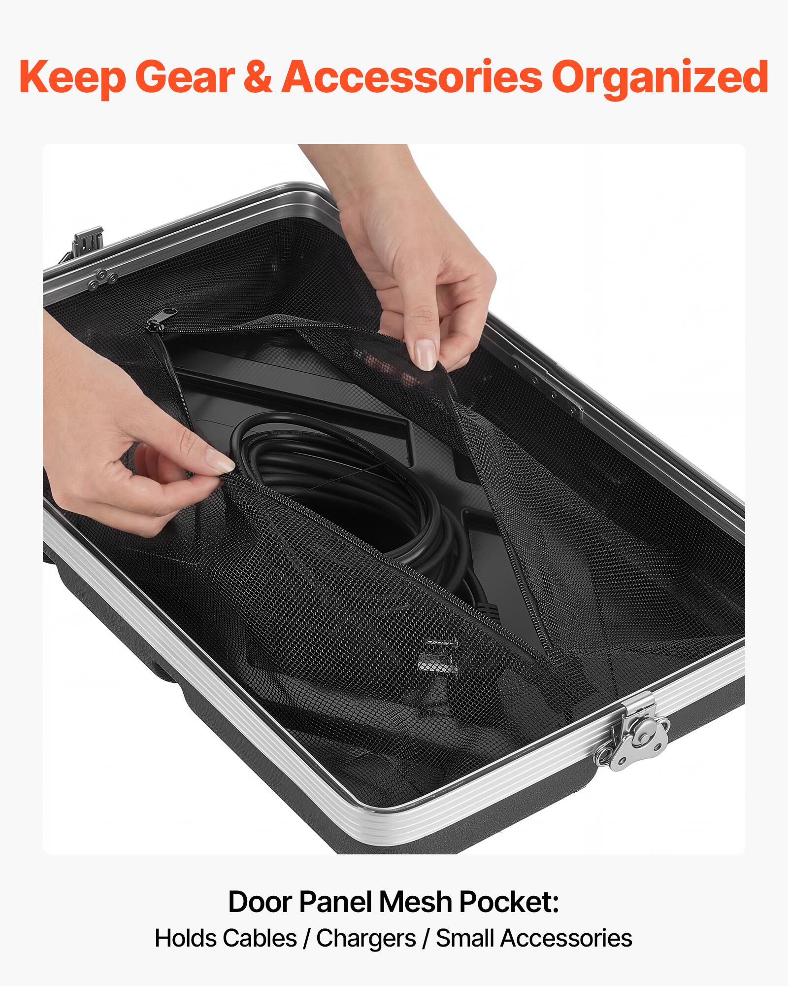 Keep Gear & Accessories Organized

Door Panel Mesh Pocket: Holds Cables / Chargers / Small Accessories