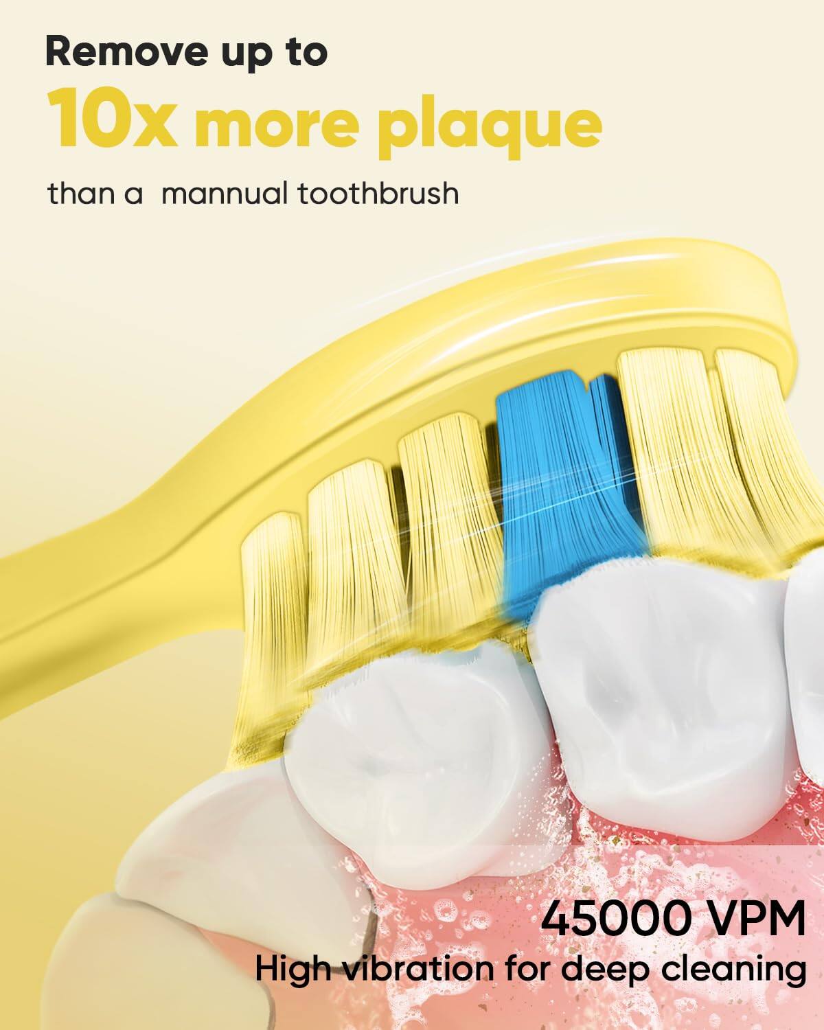 Remove up to 10x more plaque than a manual toothbrush

45000 VPM High vibration for deep cleaning