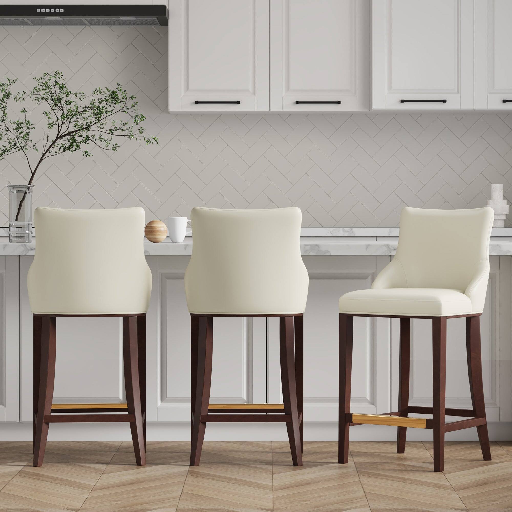 Angle. Manhattan Comfort - Shubert Modern Wood Upholstered Barstool - Set of 3 - Ivory.