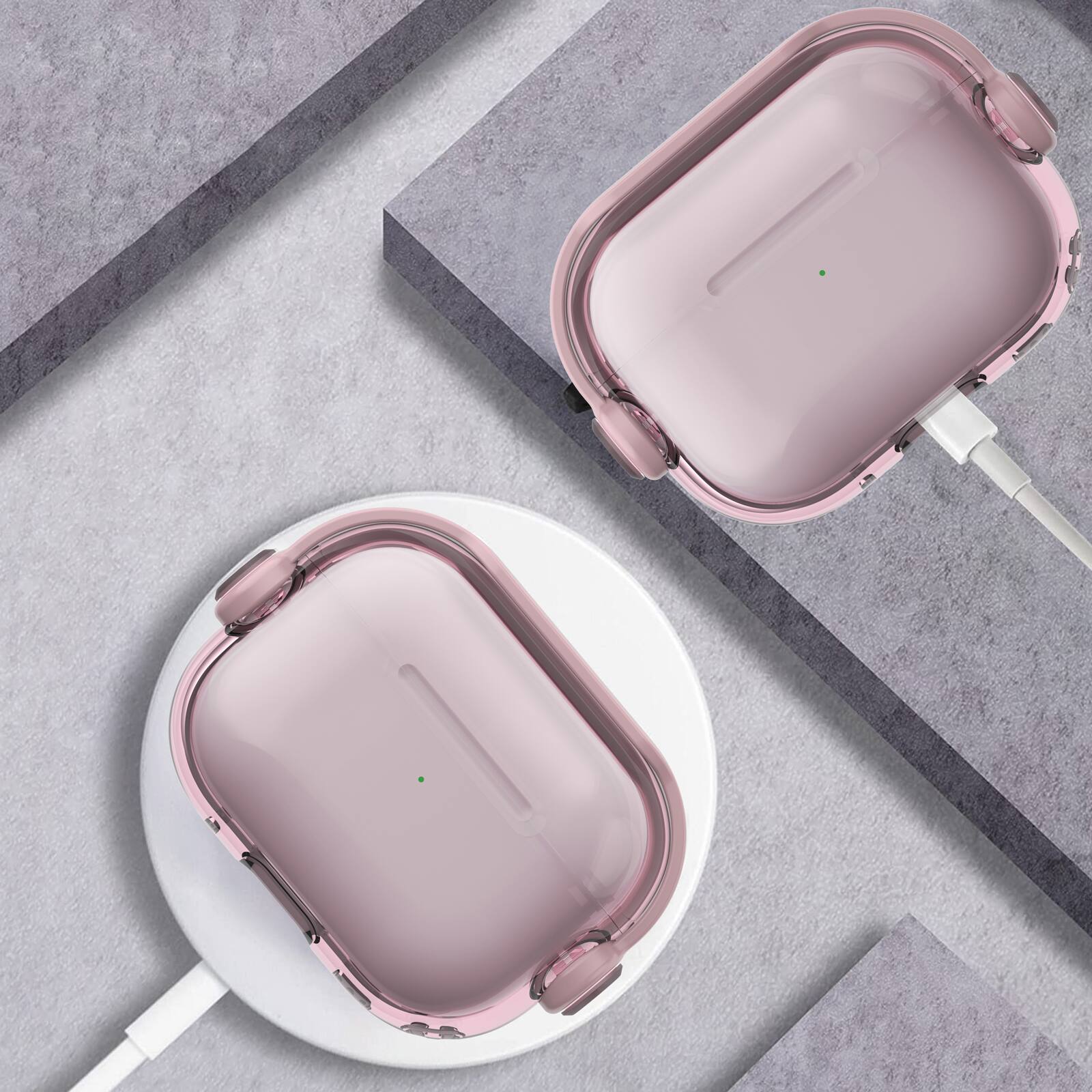 Angle. Dteck - For Apple Airpods 4th/5th Gen Slim Fit Clear Kickstand Shockproof Drop Protection Case With Anti-Loss Ring - Pink.