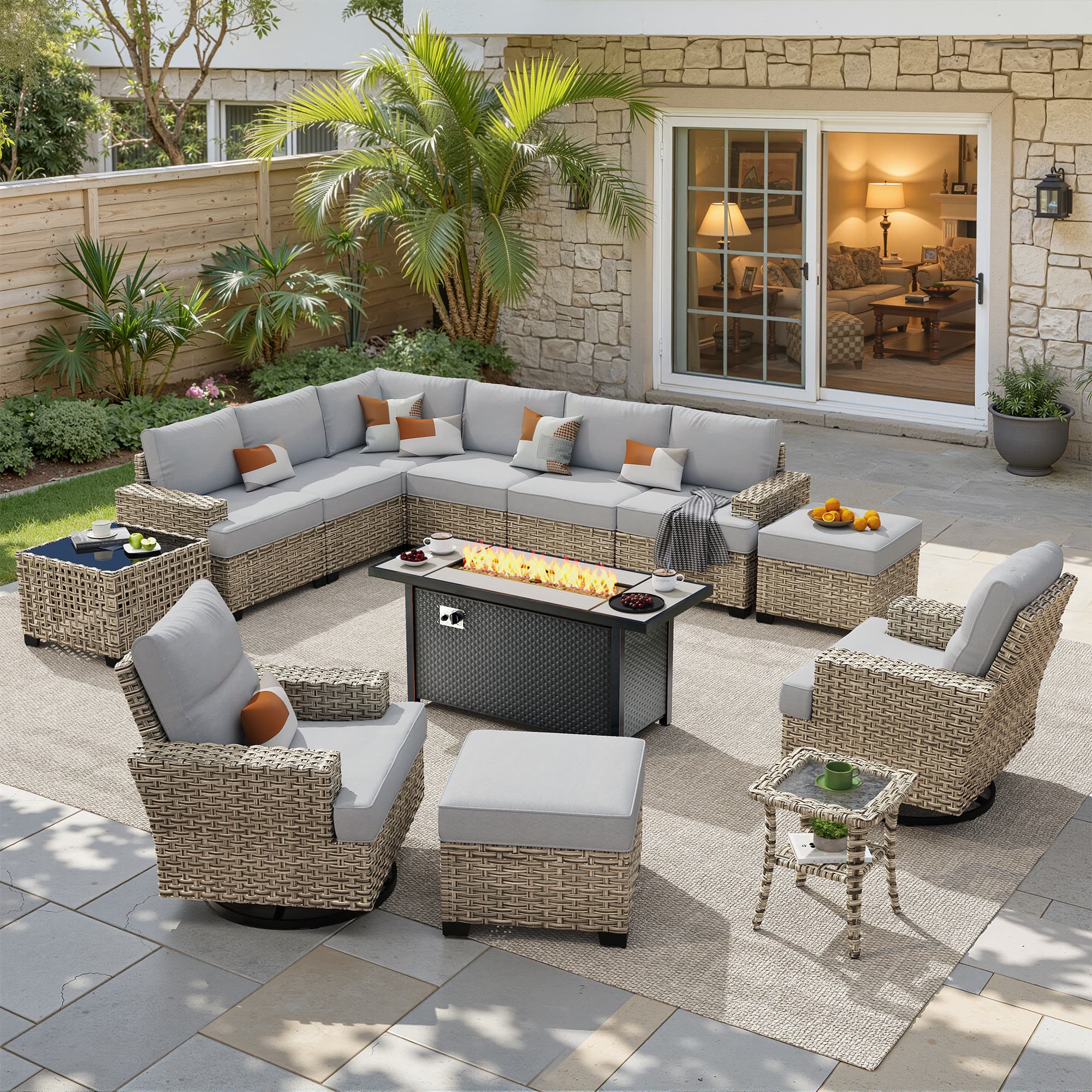 Ovios - 13 PCS Patio Furniture Set with 54" Fire Pit Table Sectional Couch with Swivel Chair & Ottoman - Gray