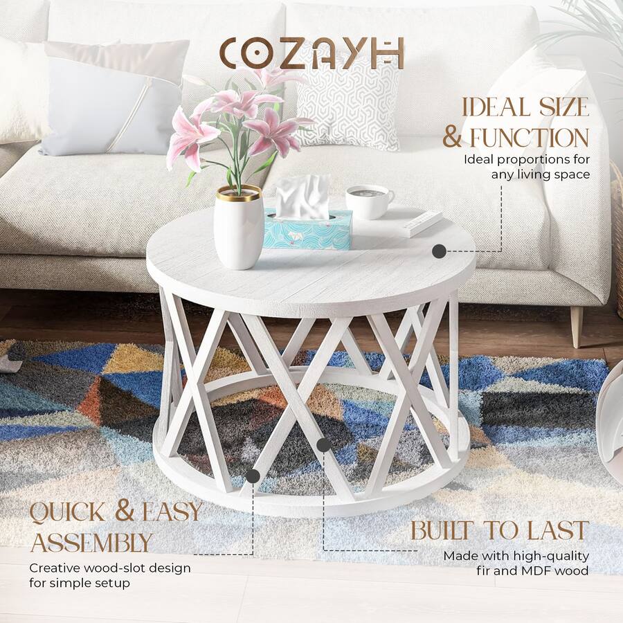 COZAYH Rustic Farmhouse Round Coffee Table, X Motifs Legs & Wood ...