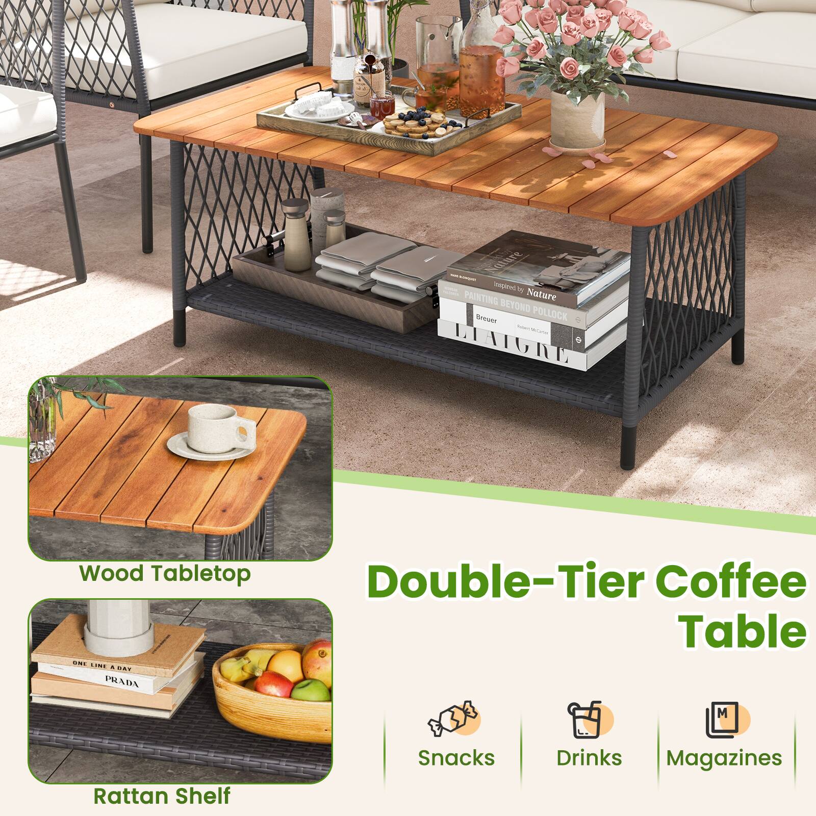 Wood Tabletop, Rattan Shelf, Double-Tier Coffee Table, Snacks, Drinks, Magazines