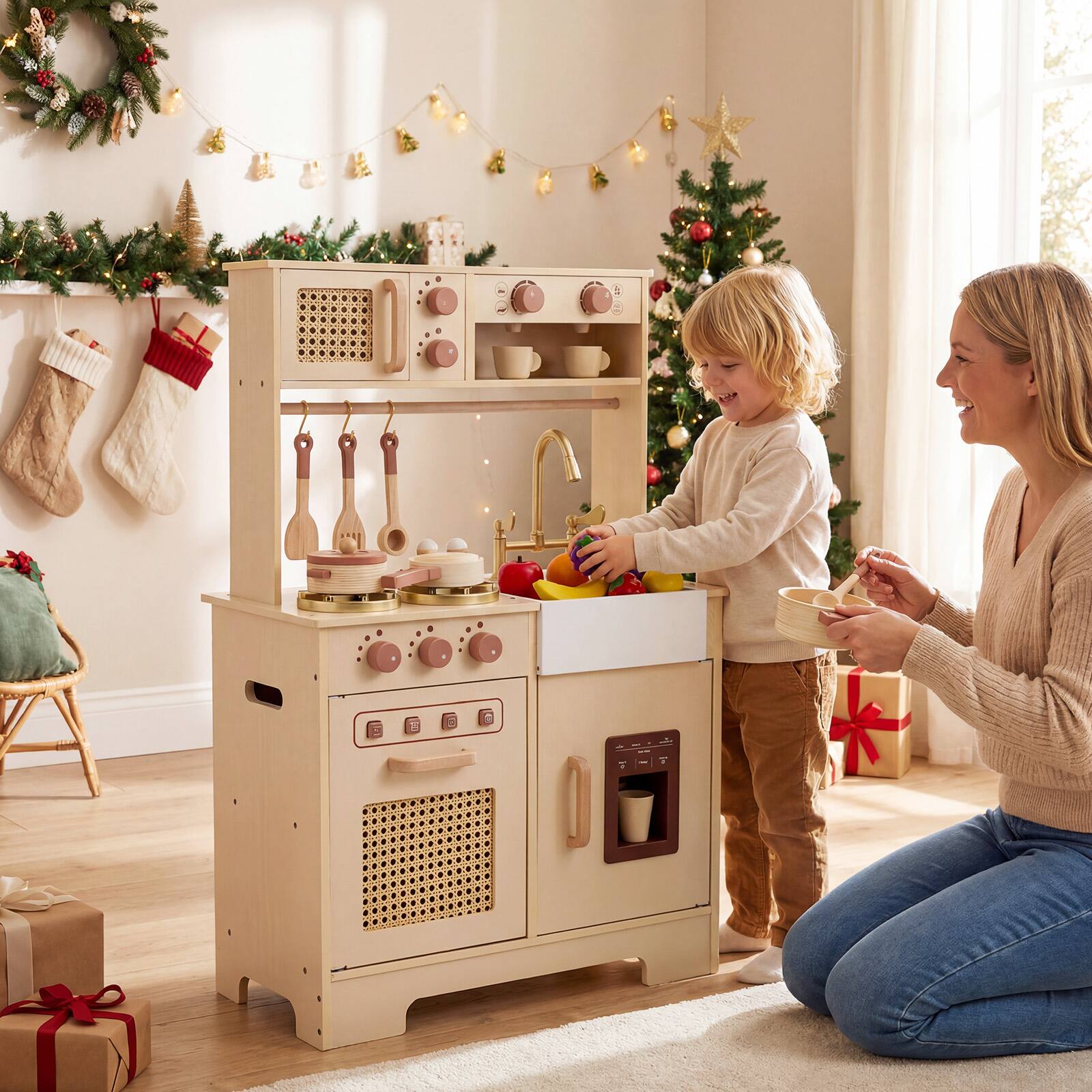 Alt View 4. Costway - Costway Kids Play Kitchen, Wooden Pretend Kitchen Playset with Rattan Doors, Stoves - Yellow.