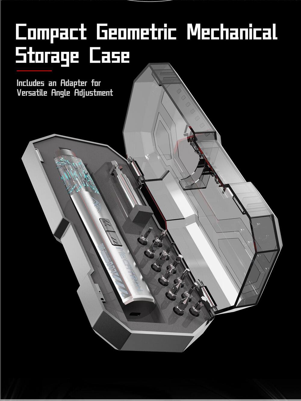 Compact Geometric Mechanical Storage Case  
Includes an Adapter for Versatile Angle Adjustment