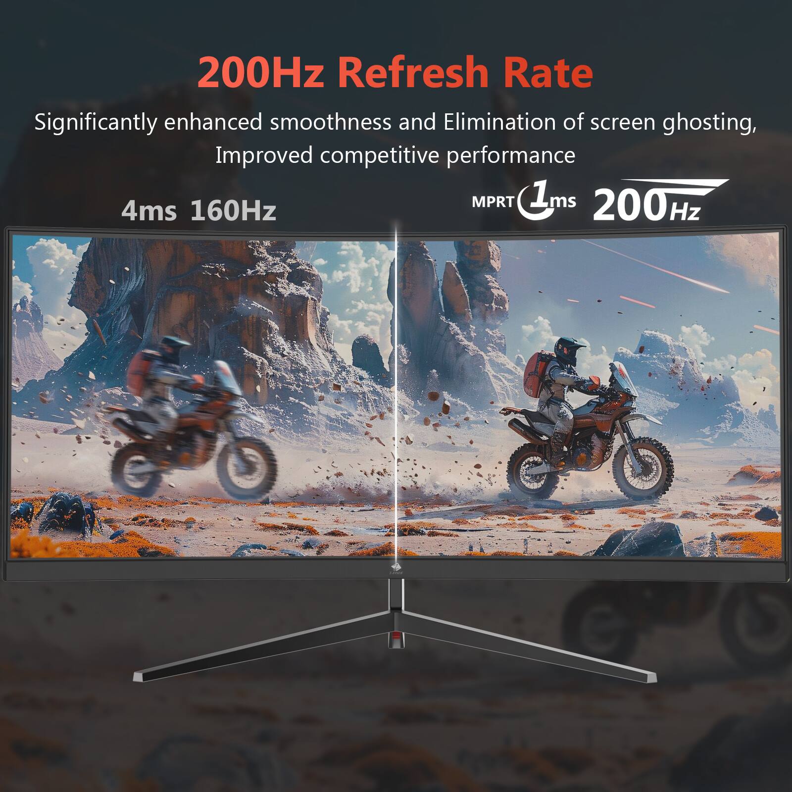 200Hz Refresh Rate
Significantly enhanced smoothness and Elimination of screen ghosting, Improved competitive performance
MPRT 1ms 200Hz
4ms 160Hz