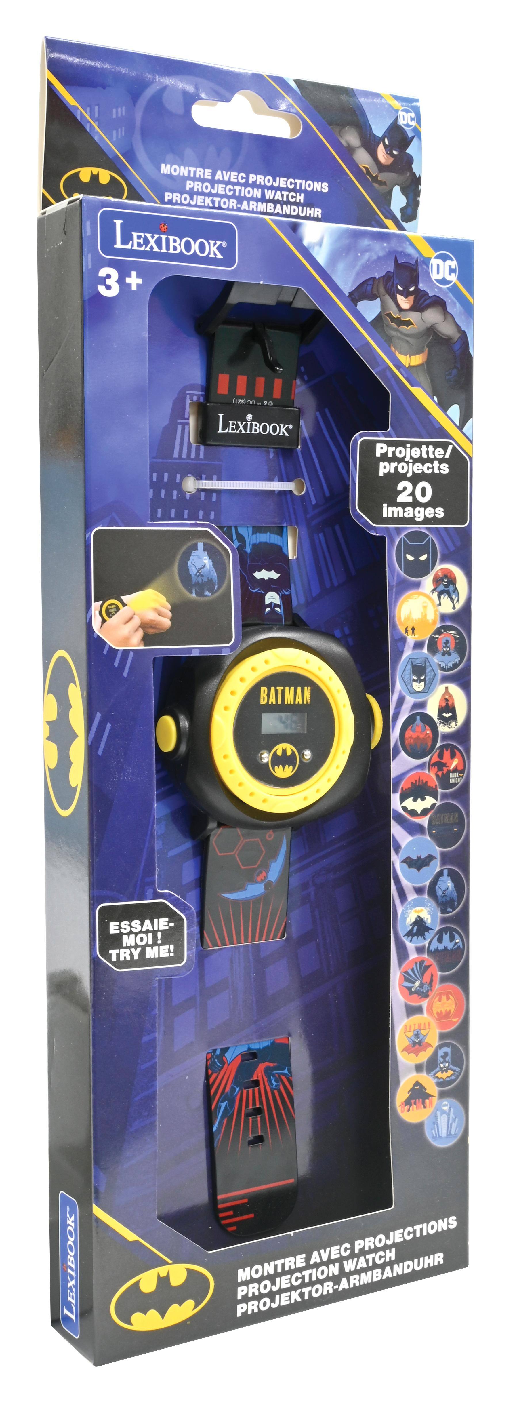 DC MONTRE AVEC PROJECTIONS  
PROJECTION WATCH  
PROJEKTOR-ARMBANDUHR  

LEXIBOOK 3 +  

DC BATMAN  

Projette/ projects 20 images  

ESSAIE-MOI!  
TRY ME!  

LEXIBOOK AVEC PROJECTIONS  
WATCH PROJEKTOR-ARMBANDUHR