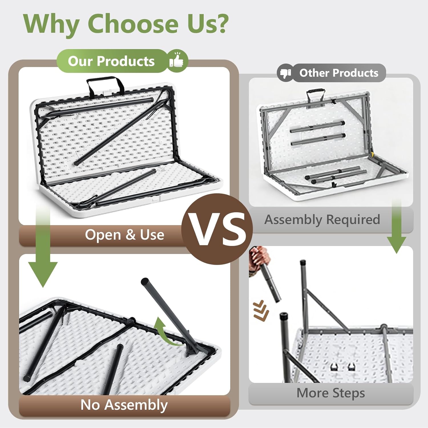 Why Choose Us?

Our Products
- Open & Use
- No Assembly

VS

Other Products
- Assembly Required
- More Steps