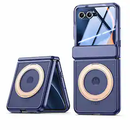 Dteck - Rugged Ring Stand Hinge Protection Frosted Magnetic Case Built-in Screen Protector For Motorola Razr Ultra 2026/2025 - Blue(HD Clear Film)