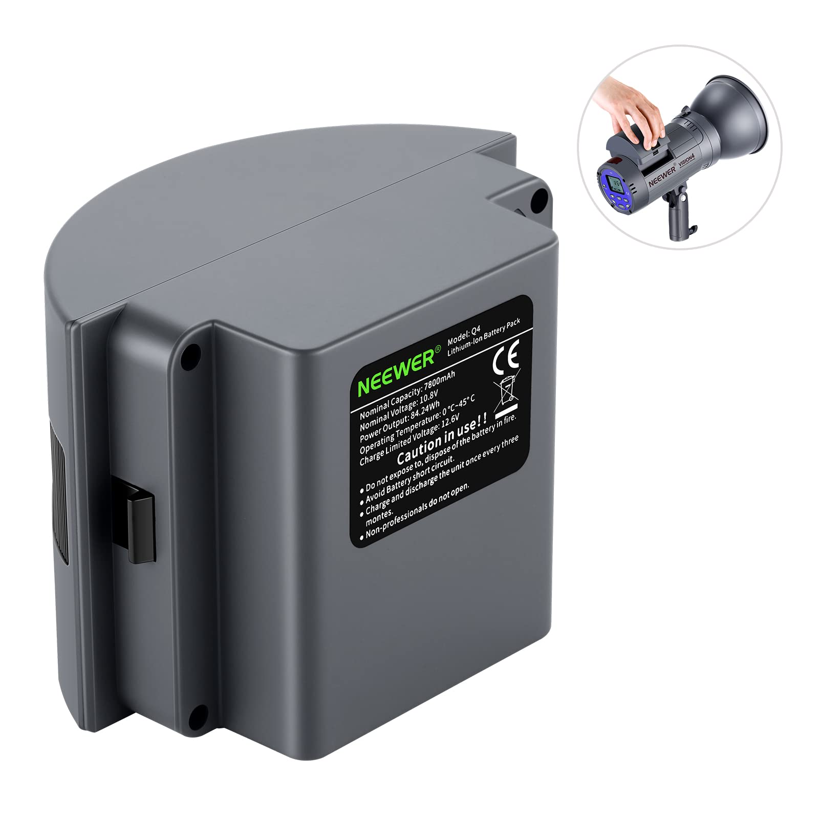 NeeWee Battery Pack  
Model: Cottne NEEWER  
Capacity: 7800mAh  
Nominal Voltage: 4.2V  
Nominal Output: 8.4V  
Temperature: -20°C to 45°C  
Operating in either three Limited Caution: dispose every three months.  
Do not expose to short circuit.  
Avoid and do not charge Nom-professionals.