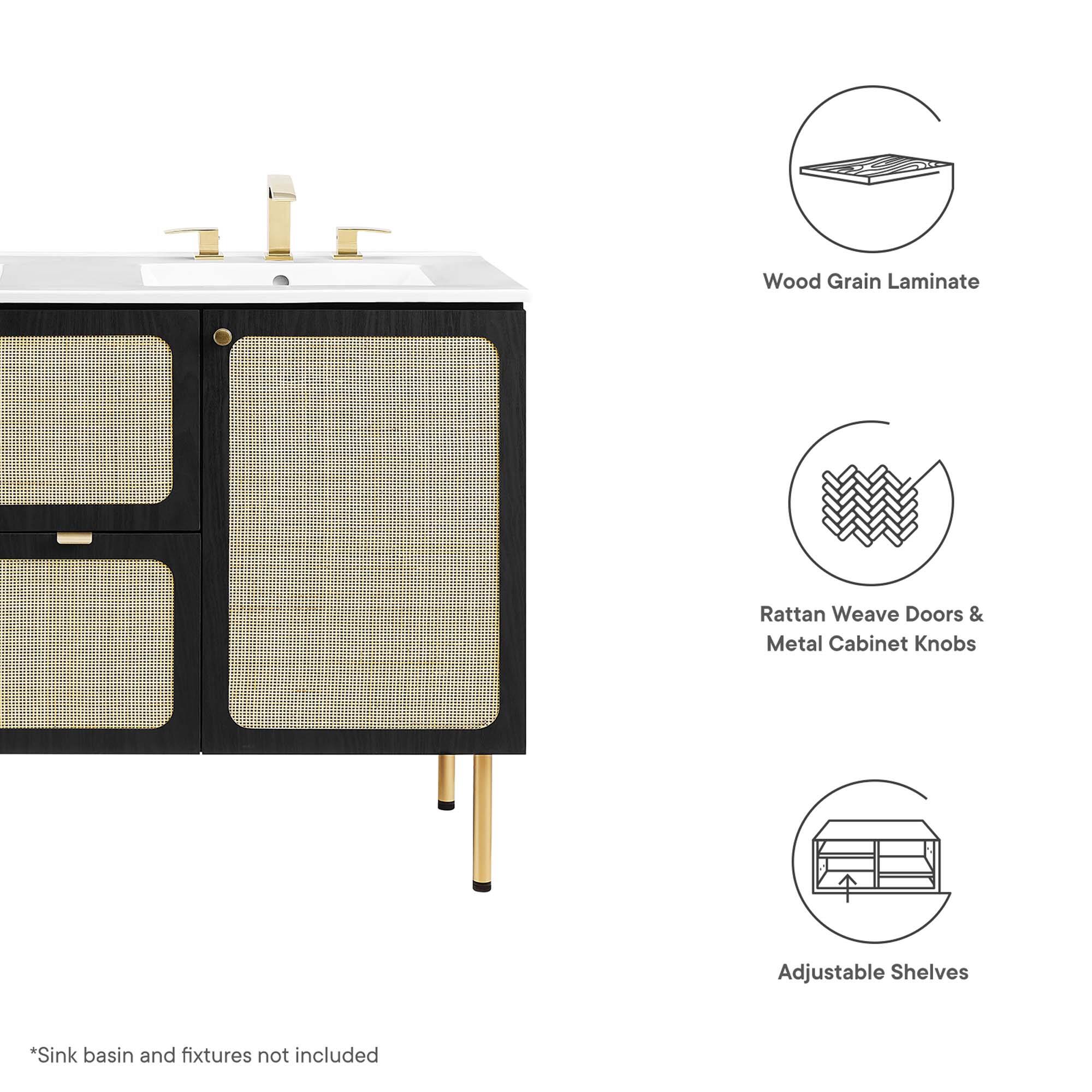 Wood Grain Laminate Rattan Weave Doors & Metal Cabinet Knobs Adjustable Shelves  
*Sink basin and fixtures not included