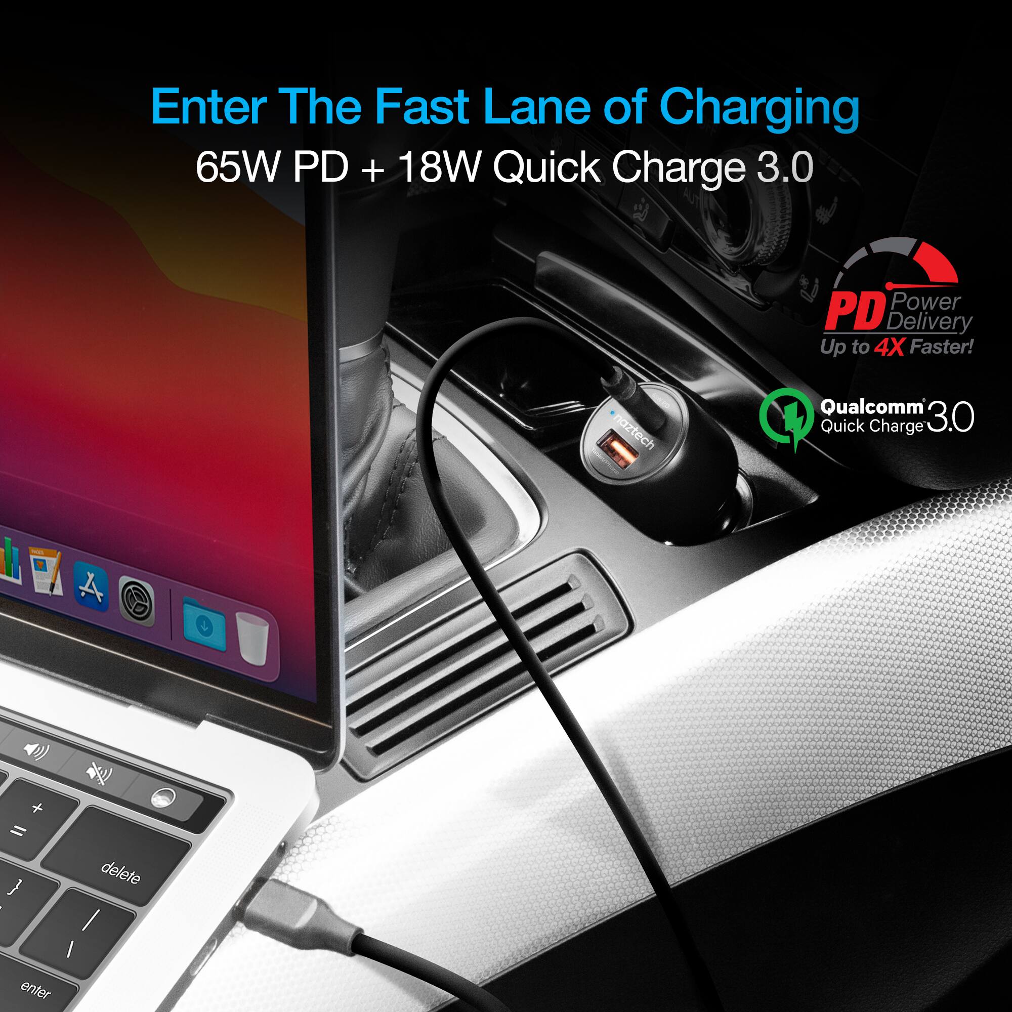 Enter The Fast Lane of Charging  
65W PD + 18W Quick Charge 3.0  
PD Power Delivery  
Up to 4X Faster!  
Qualcomm Quick Charge 3.0