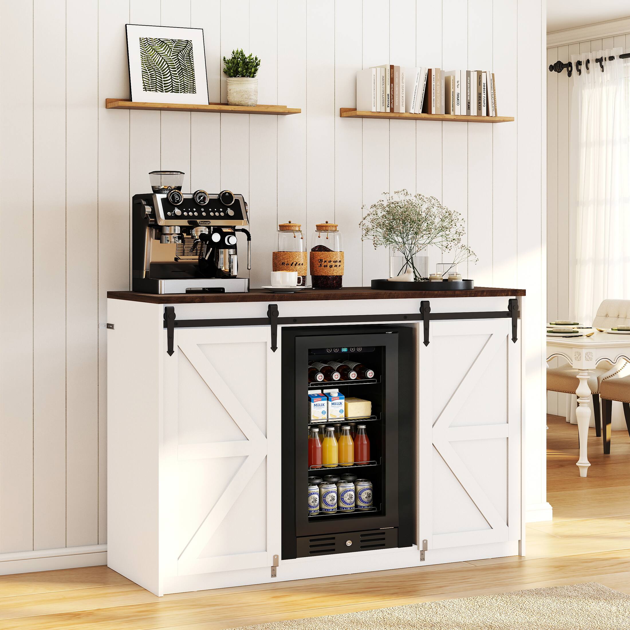 Skyzoo - Mini Fridge Cabinet with Built-In Fridge Space, Farmhouse Coffee Bar Cabinet with Outlet, Mini Bar for Home - White