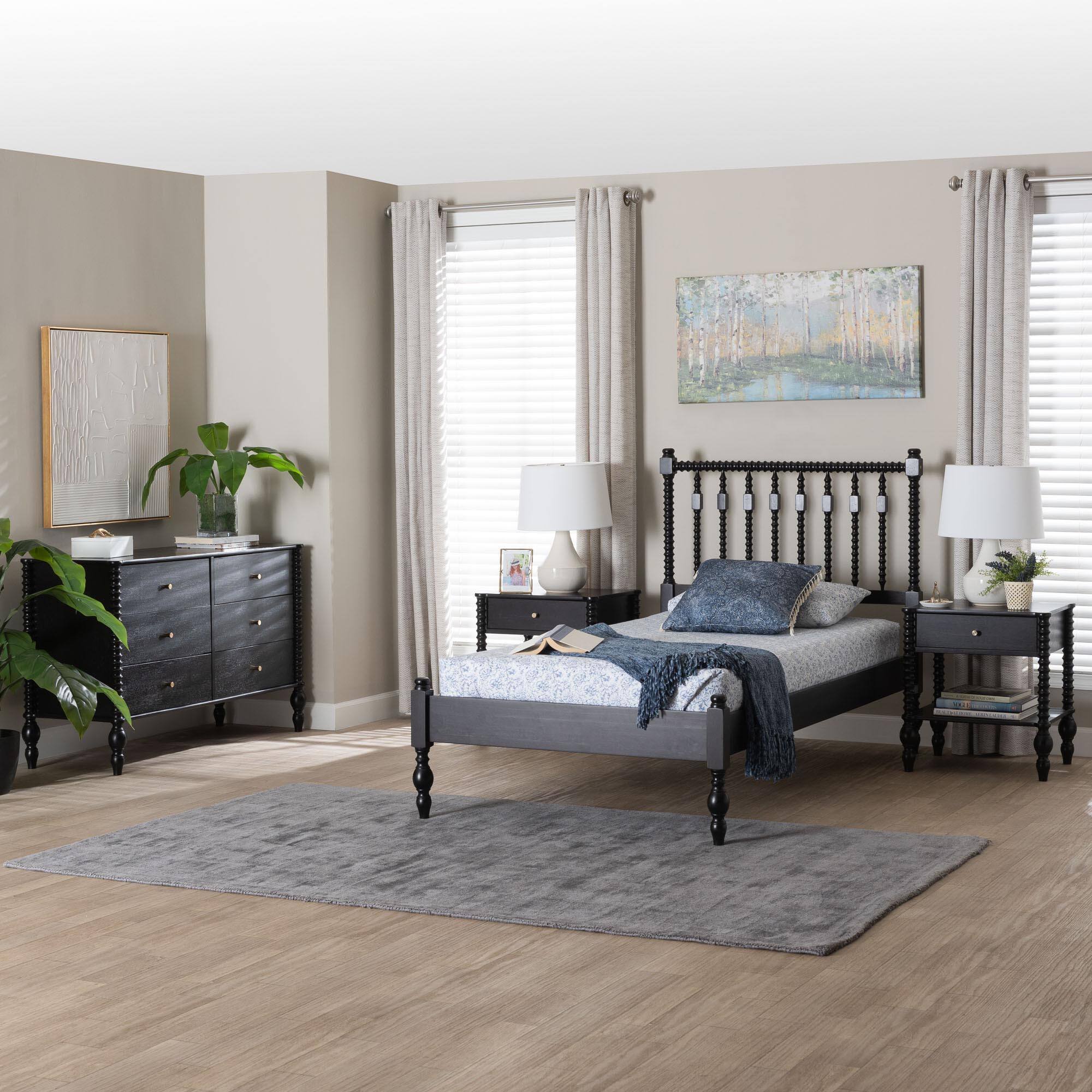 Alt View 7. Baxton Studio - Denita Spindle 4-Piece Bedroom Set - Farmhouse Platform Bed with Matching Dresser and 1-Drawer Nightstands, Twin - Black.