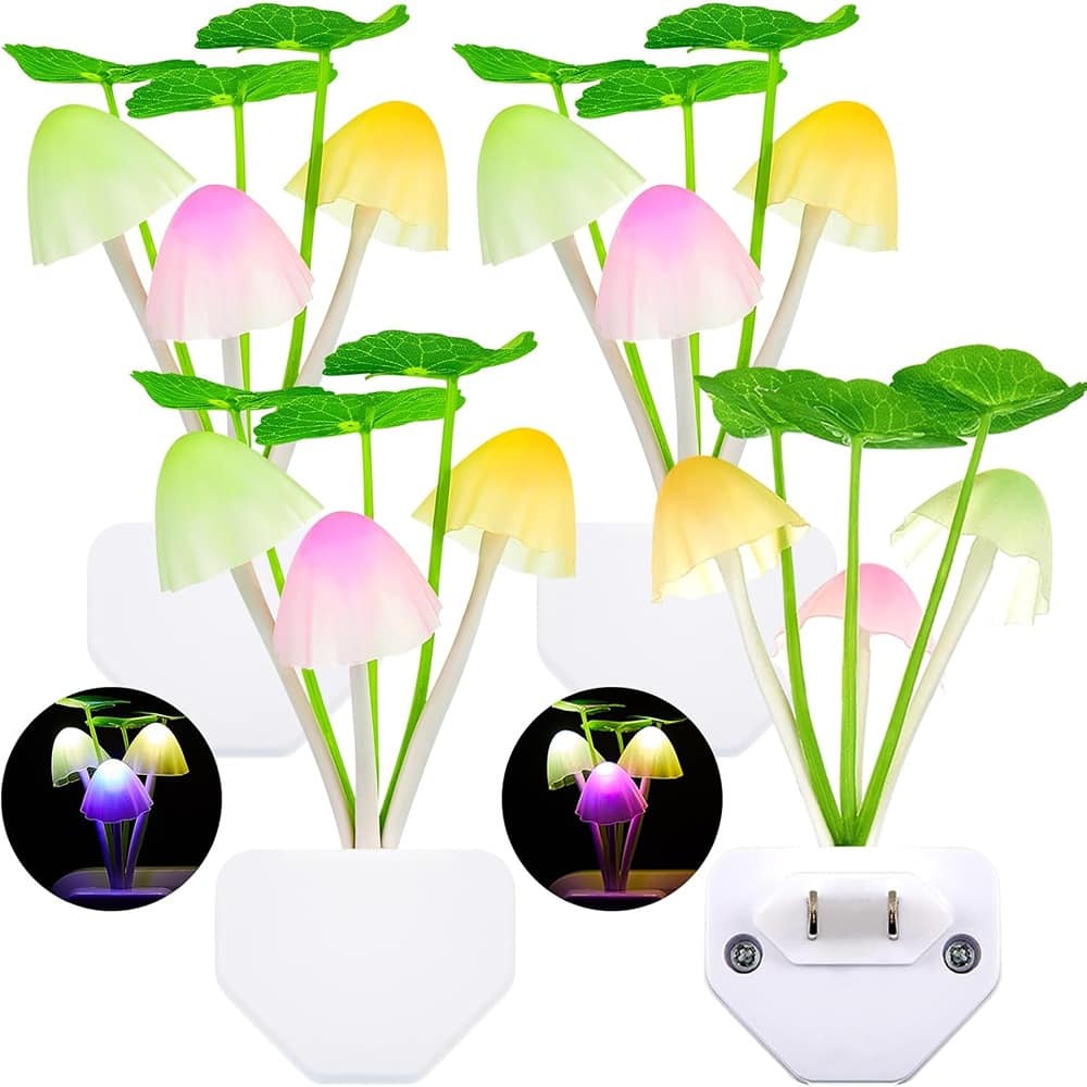 ACJPR - Mushroom Night Lights (4-Pack) – LED, 7-Color Changing, Plug-in, Lotus Leaf
