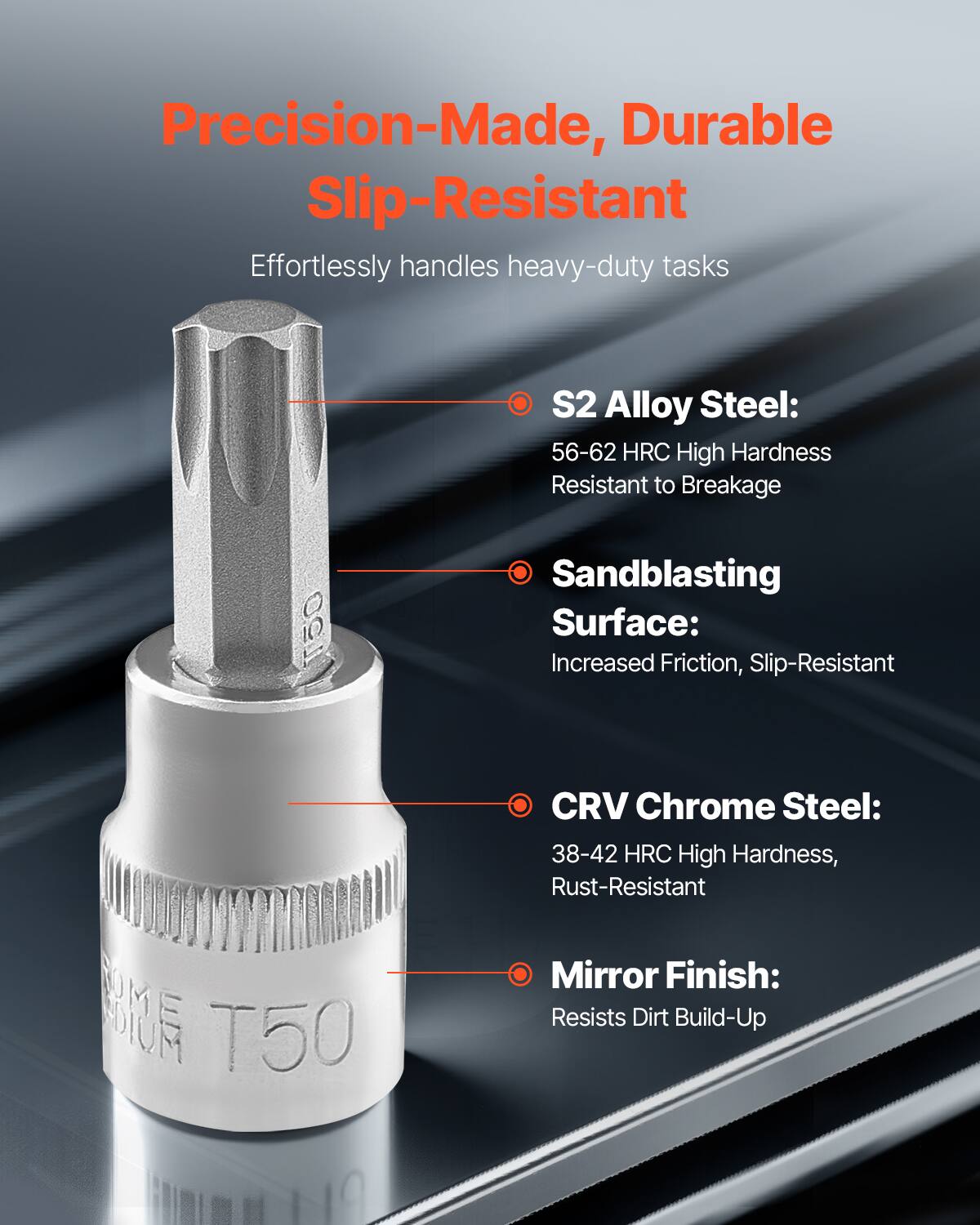 Precision-Made, Durable Slip-Resistant

Effortlessly handles heavy-duty tasks

- S2 Alloy Steel:
  - 56-62 HRC High Hardness
  - Resistant to Breakage

- Sandblasting Surface:
  - Increased Friction, Slip-Resistant

- CRV Chrome Steel:
  - 38-42 HRC High Hardness
  - Rust-Resistant

- Mirror Finish:
  - Resists Dirt Build-Up