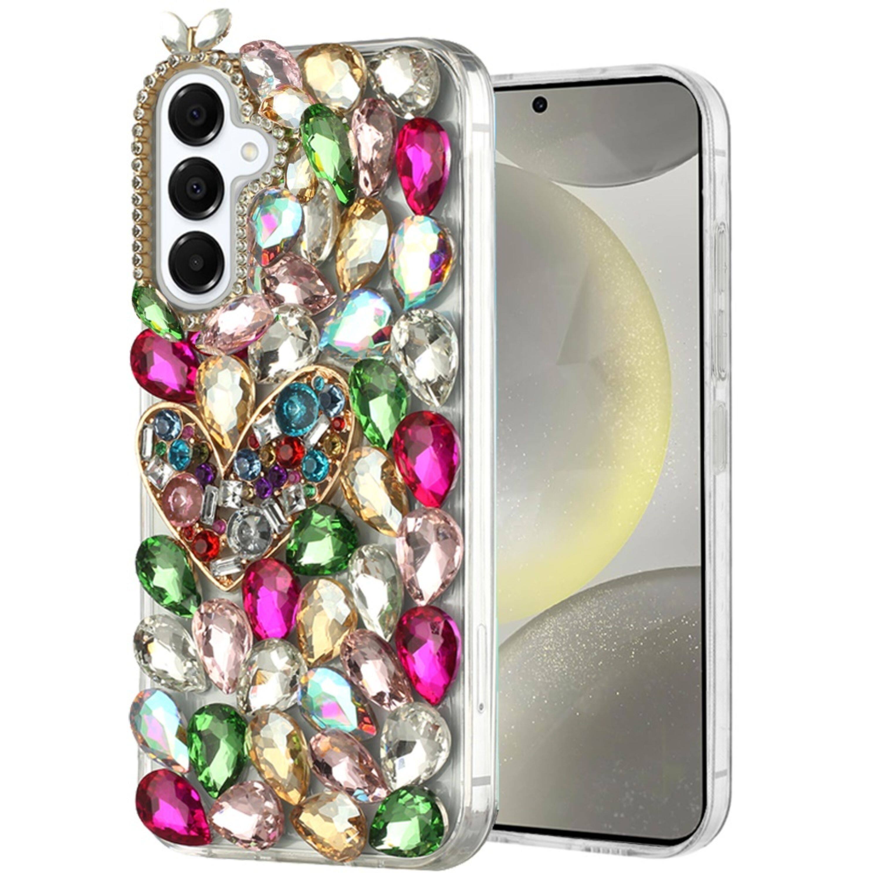 Angle. Kitcheniva - Full Diamond Bling Cover 3D Jewels Plus Tempered Glass For Samsung S25/S24 Colorful Ornaments With Heart - Multicolor.
