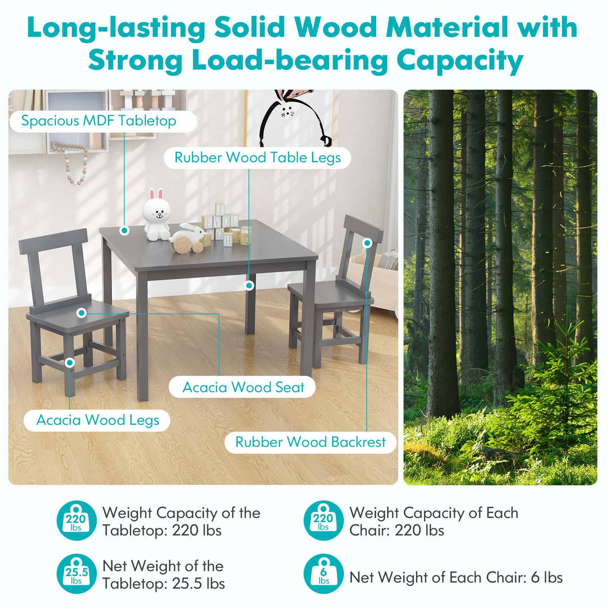 Long-lasting Solid Wood Material with Strong Load-bearing Capacity

Spacious MDF Tabletop
Rubber Wood Table Legs
Acacia Wood Seat
Acacia Wood Legs
Rubber Wood Backrest

Weight Capacity of the Tabletop: 220 lbs
Weight Capacity of Each Chair: 220 lbs
Net Weight of the Tabletop: 25.5 lbs
Net Weight of Each Chair: 6 lbs