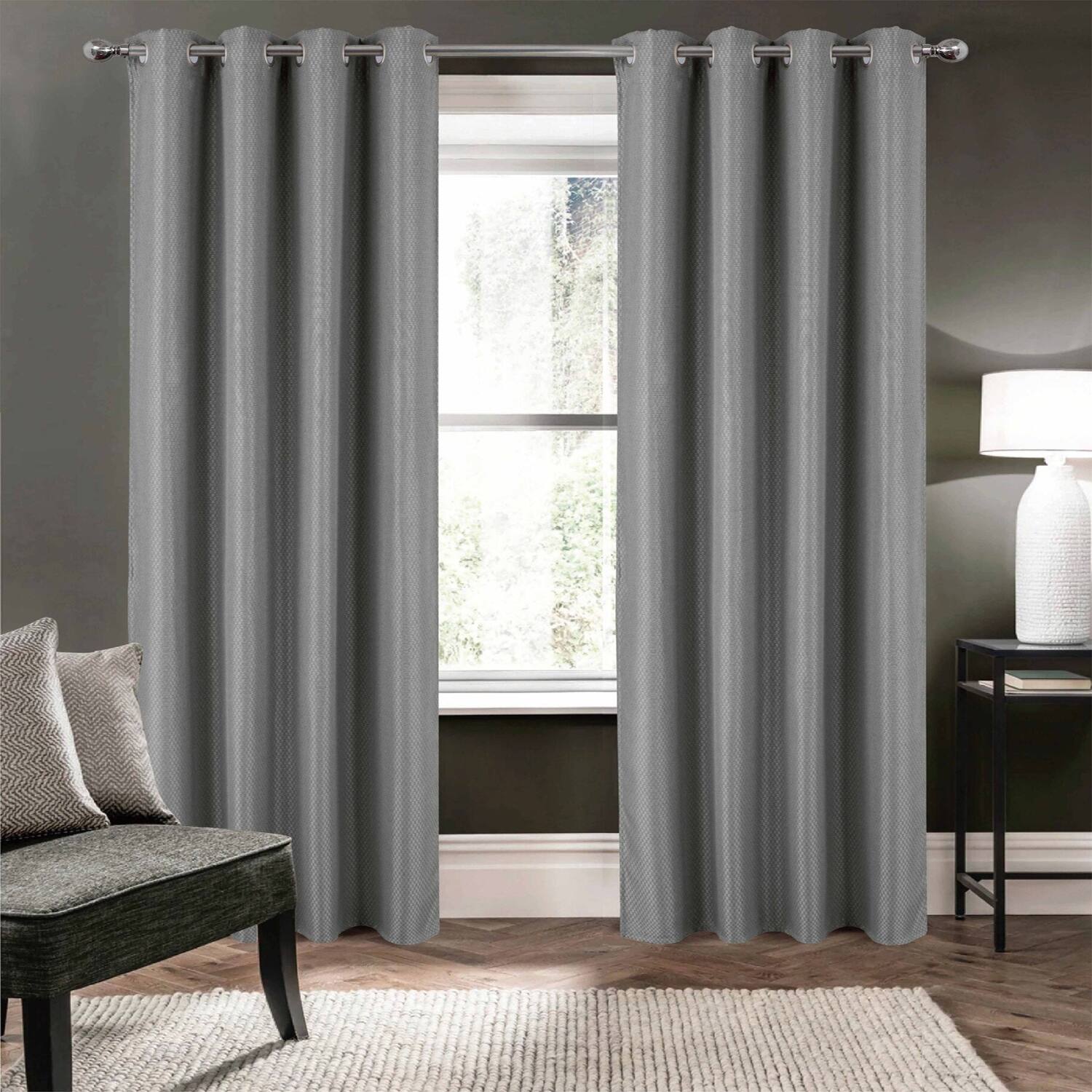 Angle. Olivia Gray - Olivia Gray 100% Polyester 250 GSM Basket Weave Ian Luxury Jacquard Blackout Grommet Curtain Panel 54" x 84" Grey - Grey.