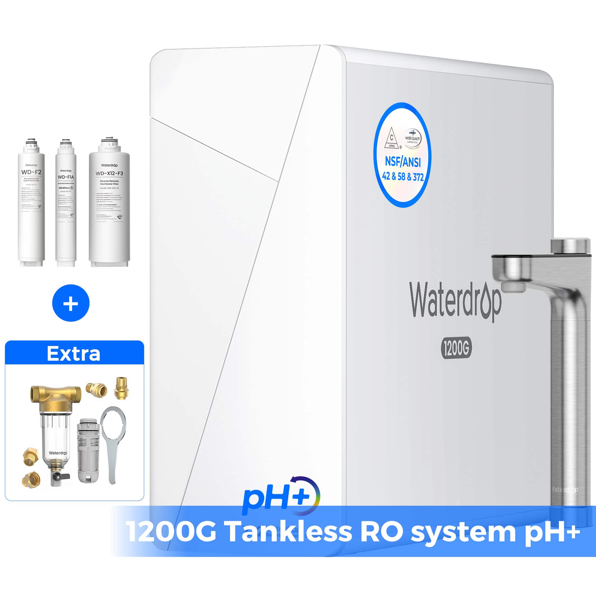 WD-F2 - WOHEIA - WD-X12-F3 - | C - NSF/ANSI 42 & 58 & 372 + Extra Waterdrop 1200G maternng rabbrdio pH+ + 1200G Tankless RO system pH+