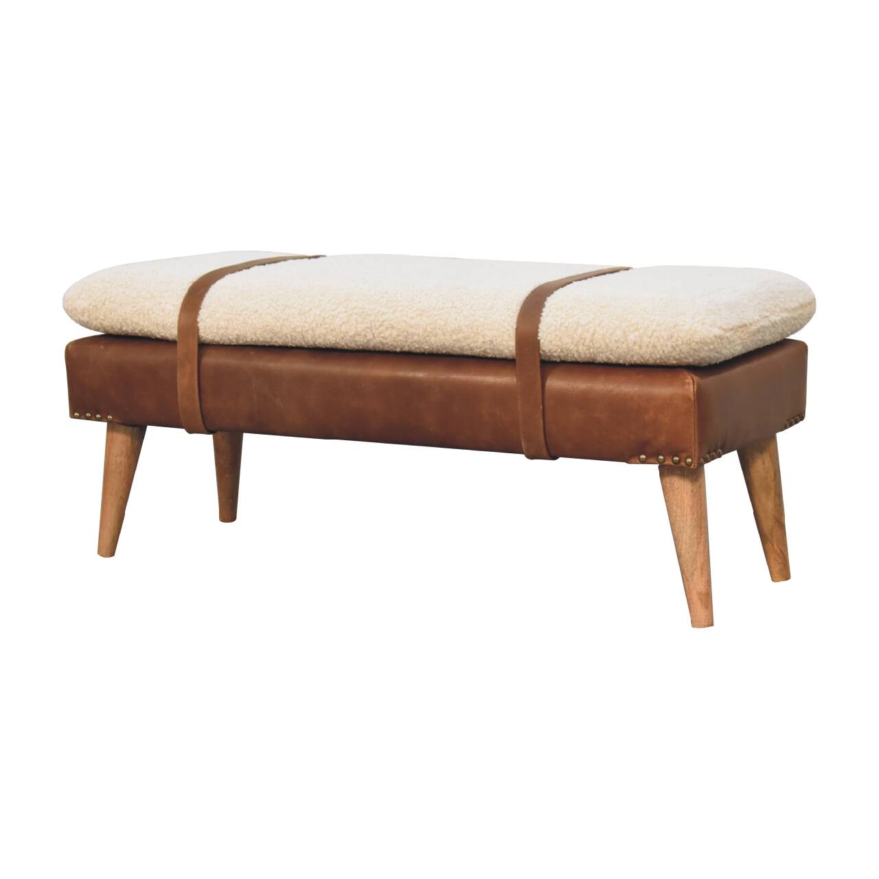 Left. Artisan Furniture - Artisan Furniture Solid Wood Boucle Buffalo Hide Leather Bench, Upholstered, Brown & Cream - Brown & Cream.