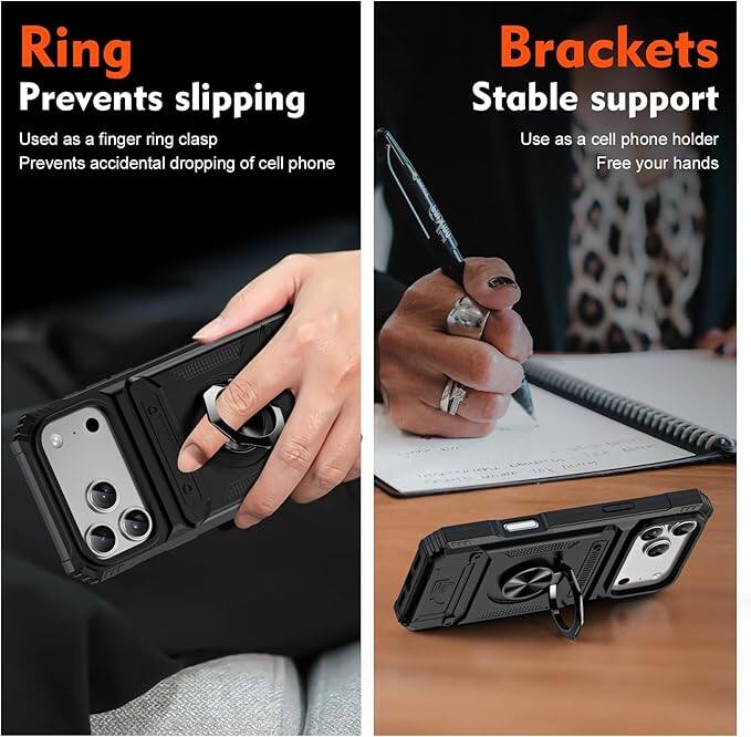 **Ring**  
Prevents slipping  
Used as a finger ring clasp  
Prevents accidental dropping of cell phone  

**Brackets**  
Stable support  
Use as a cell phone holder  
Free your hands