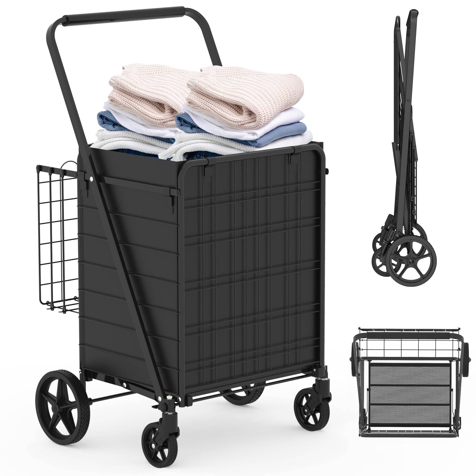 Alt View 5. Glintex - Extra Large Shopping Cart,Foldable Utility Shopping Carts with Double Basket and 360° Rolling Swivel Wheels - Antique Black.