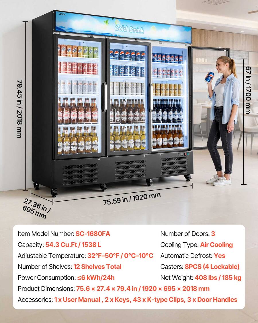 Display Fridge Size VEVOR Commercial Merchandiser Refrigerator, 54.3 Cu.Ft / 1538L Upright ...