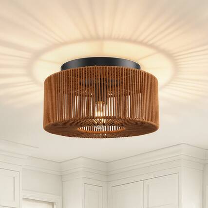 Front. Parrot Uncle - 14 in. 3-Light Brown Boho Handwoven Cotton shade Semi Flush Mount Ceiling Light - Brown.