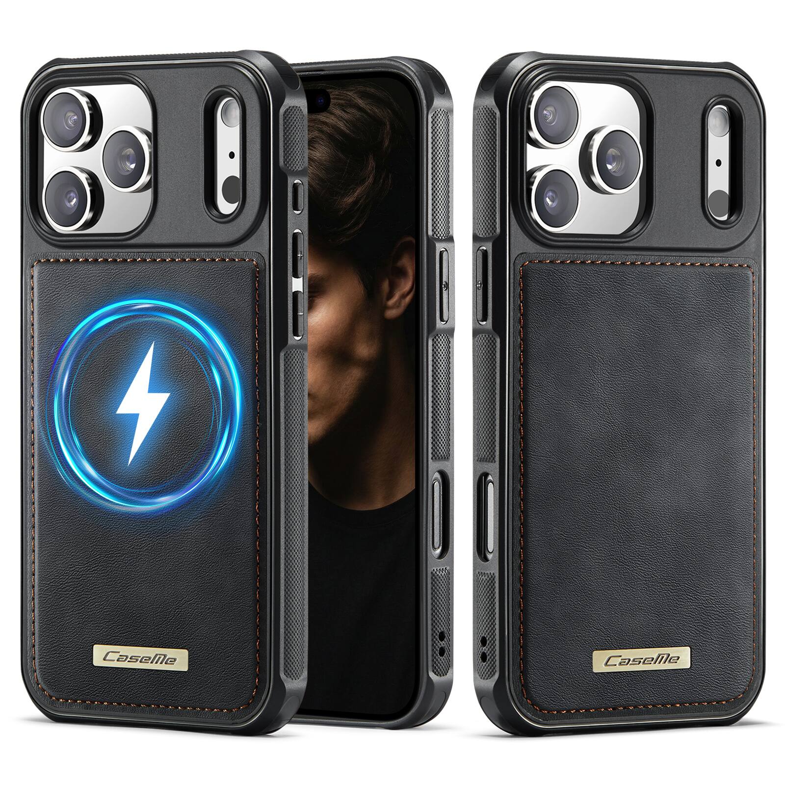 Dteck - PU Leather Texture Case for Apple iPhone 17 Pro Max, Elegant Slim Shockproof Magnetic Cover, Mag-Safe Compatible Design - Black