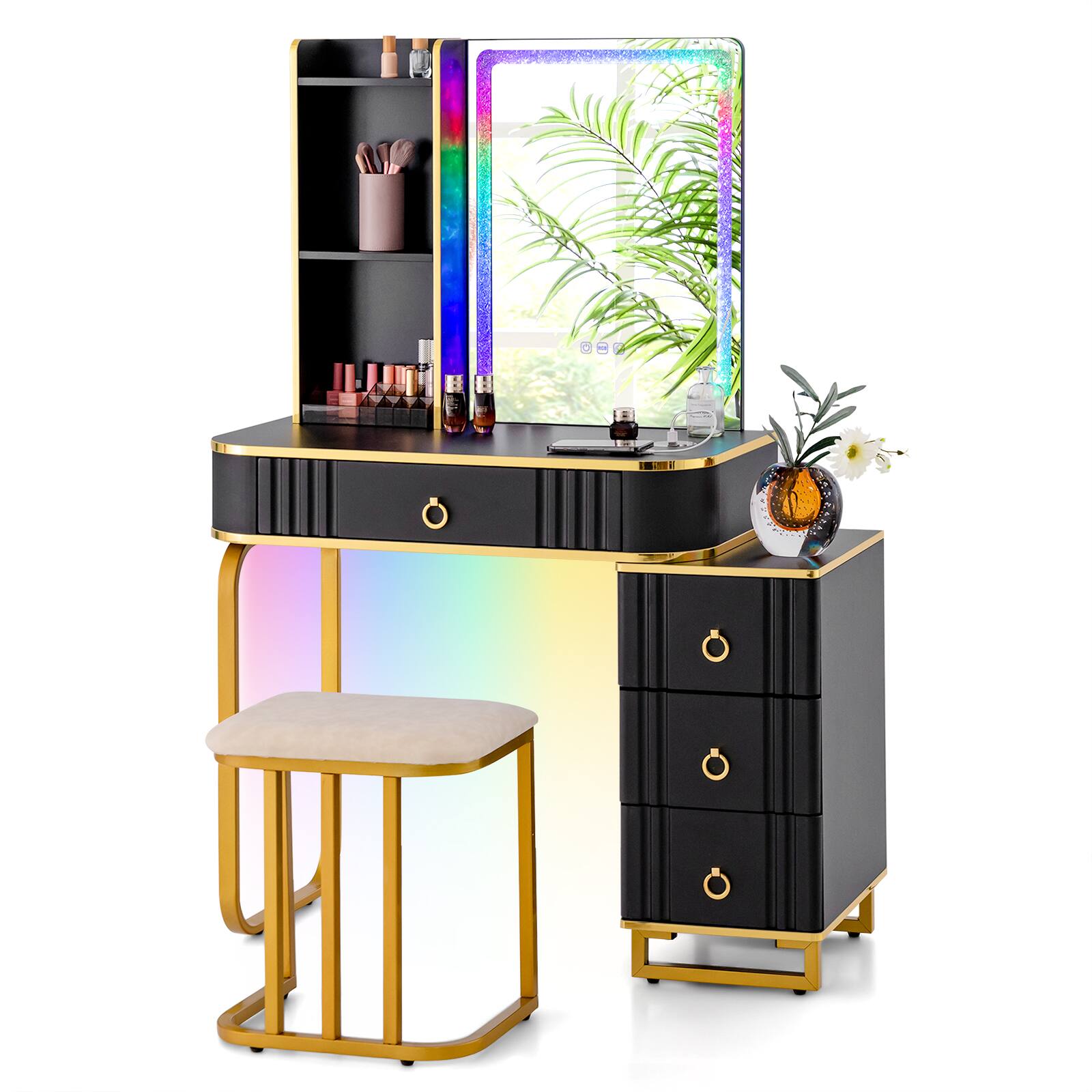 Back. SlickBlue - Makeup Vanity with RGB LED Mirror and Wireless Charging Pad - Black.