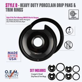 Range Kleen - P1056RGE8 Style D 8pk Heavy Duty Black Porc Drip Pans & Trim Rings, 2 each Large and Small