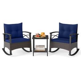 Costway - 3 PCS Rattan Rocking Chair Set with Acacia Wood Tabletop Armrests for Porch, Balcony - Mix Brown,Navy