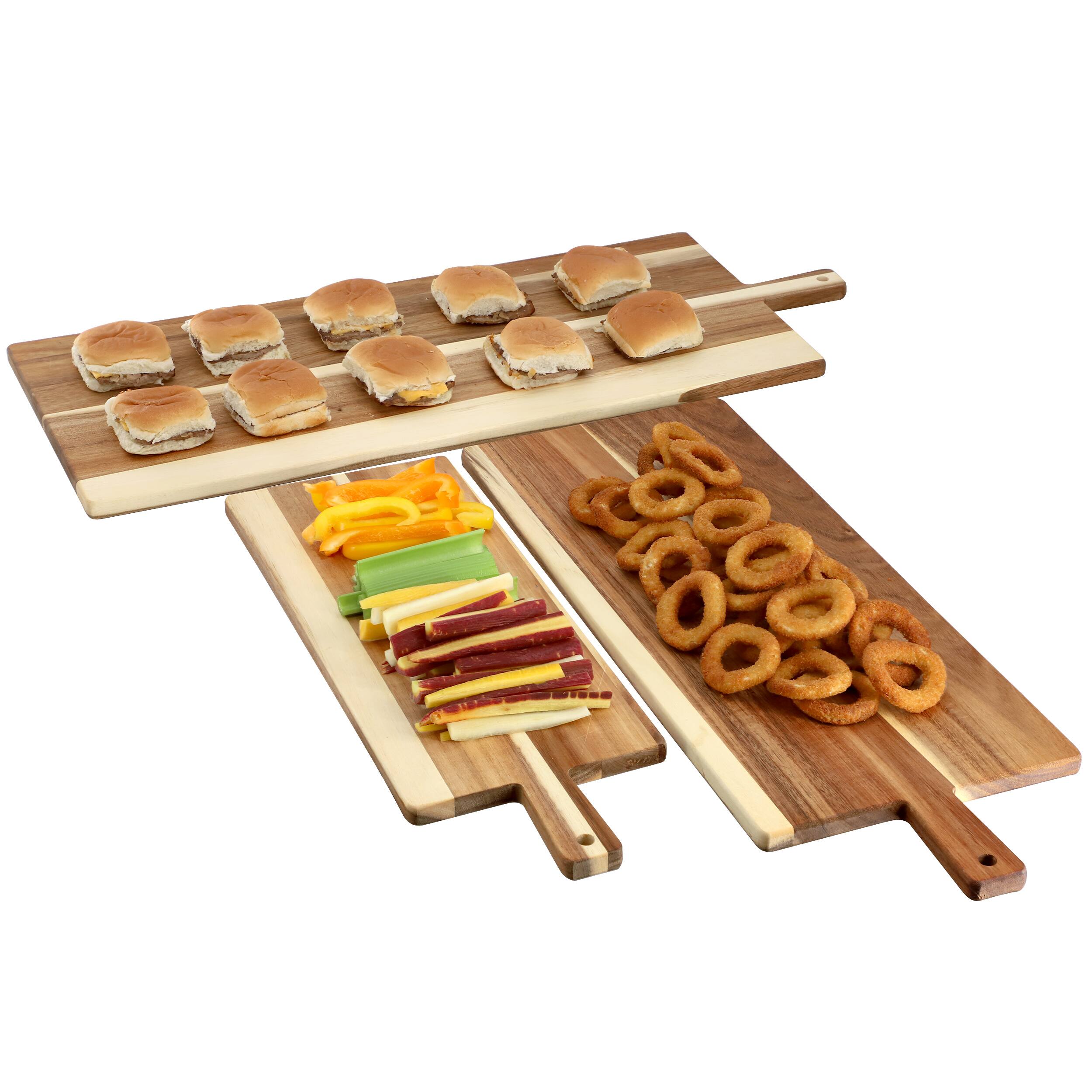 Front. MegaChef - MegaChef 3 Piece Acacia Wood Charcuterie Cheese Board Set with Handles - Brown.
