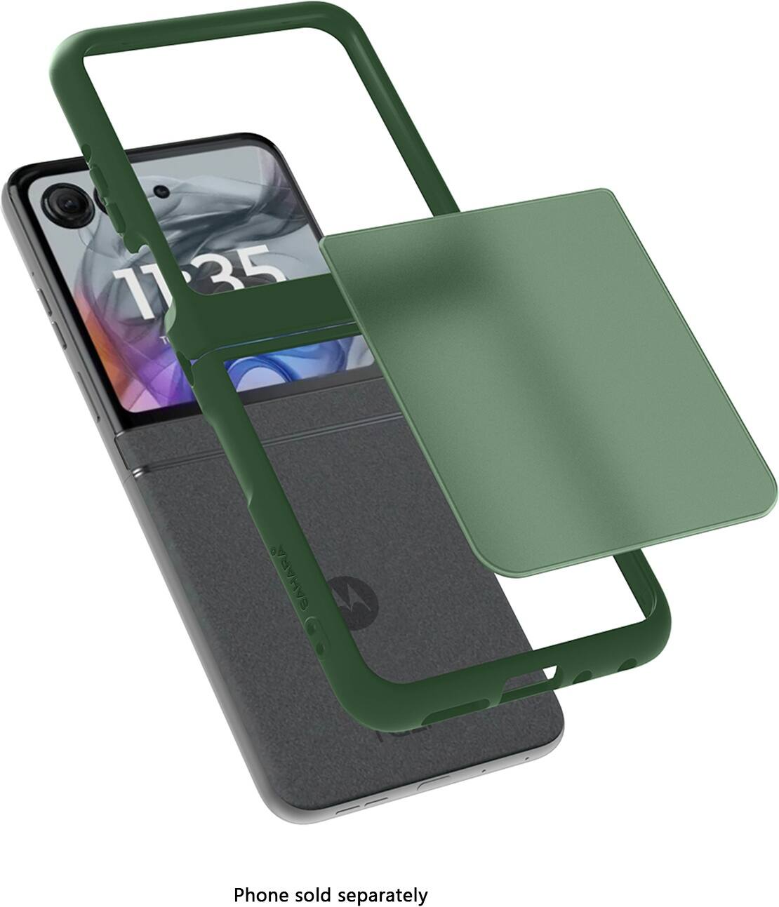 The image shows a phone with a green case on it. The phone is being displayed in a stand, and it is sold separately. The time displayed on the phone is 11:35.