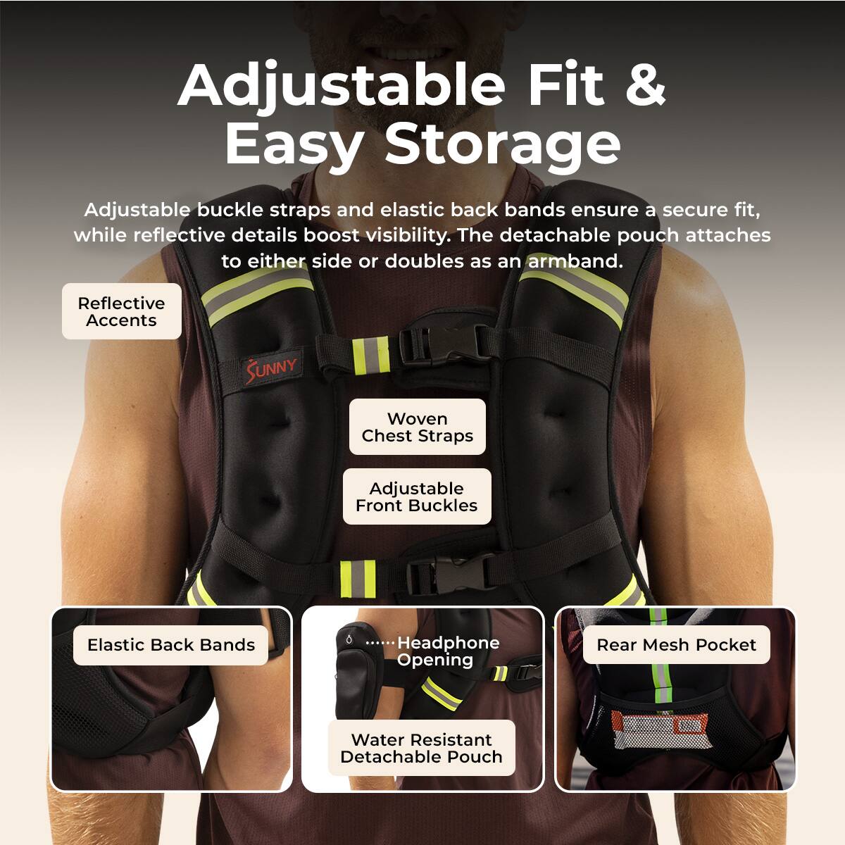 Adjustable Fit & Easy Storage

Adjustable buckle straps and elastic back bands ensure a secure fit, while reflective details boost visibility. The detachable pouch attaches to either side or doubles as an armband.

- Reflective Accents
- Woven Chest Straps
- Adjustable Front Buckles
- Elastic Back Bands
- Headphone Opening
- Rear Mesh Pocket
- Water Resistant Detachable Pouch