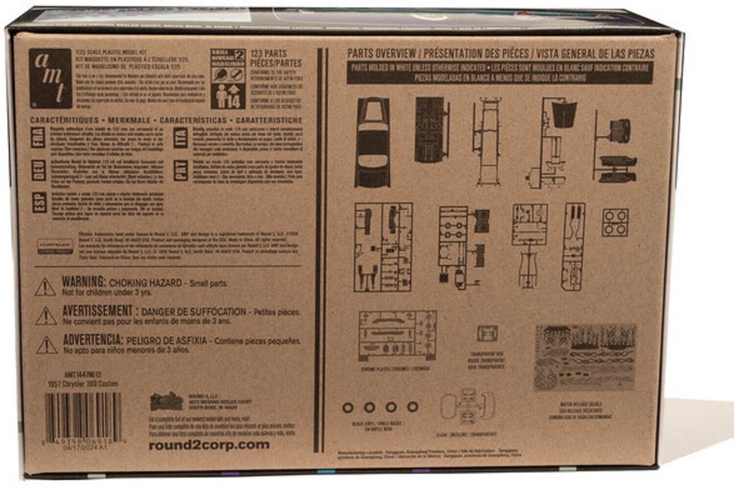 125 SCALE PLASTIC MODEL KIT  
123 PARTS IN PLASTIC  
12% 2 PIECES/PARTES  

CARACTERÍSTIQUES - MERKMALE - CARACTERÍSTICAS - CARATTERISTICHE  

PARTS OVERVIEW / PRÉSENTATION DES PIÈCES / VISTA GENERAL DE LAS PIEZAS  
LES PIÈCES SONT MOLDÉES EN BLANC SAUF INDICATION CONTRAIRE  

WARNING: CHOKING HAZARD - Small parts. Not for children under 3 yrs.  
AVERTISSEMENT: DANGER DE SUFFOCATION - Petites pièces. Ne convient pas pour les enfants de moins de 3 ans.  
ADVERTENCIA: PELIGRO DE ASFIXIA - Contiene piezas pequeñas. No apto para niños menores de 3 años  

1357 Chrysler 300C Custom  

round2corp.com