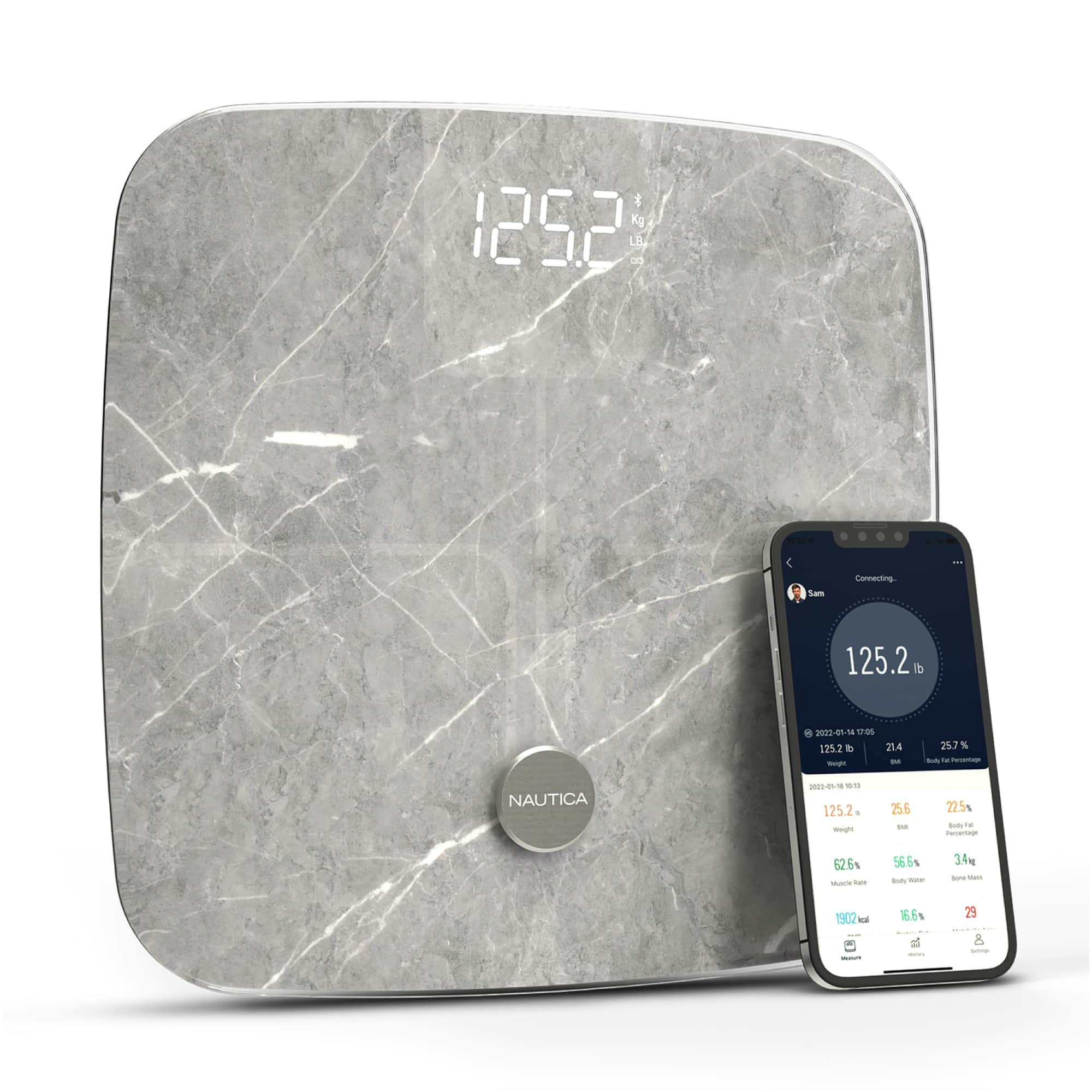 Nautica - Smart Body Scale, Bluetooth, BMI, Body Fat, Muscle & More, Smartphone App for Body Composition Tracking, 440 Lbs - Travertine Stone