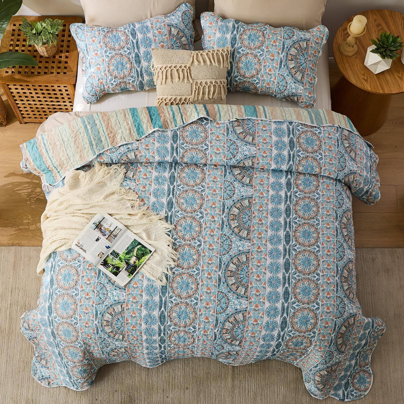 Alt View 2. Earthley Blooms - Quilt Bedding Set Striped Reversible Boho Sets Lightweight Microfiber Oversized Bedspread Coverlet For All - Blue-King/Cal King.