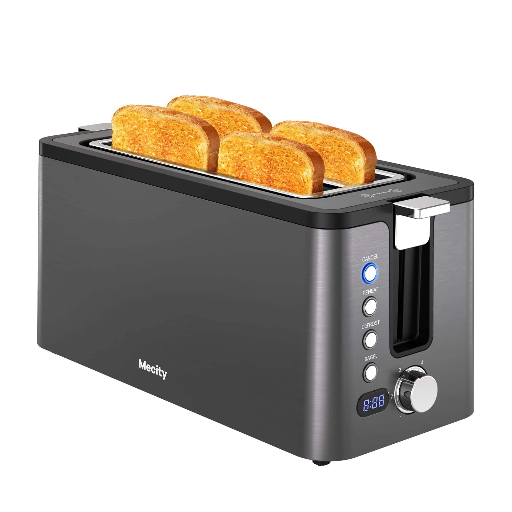 Mecity - 4 Slice Long Slot Toaster w Countdown Timer, Bagel/Defrost/Reheat, Warming Rack, 6 Browning Levels - Metallic Grey