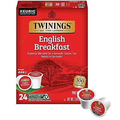 KEURIG CENUINE K-CUP PODS  
TWININGS  
EST. 1706 LONDON  
English Breakfast  
Expertly Blended for a Smooth Classic Tea  
Ready in Seconds!  

Strength  
TWININGS English Breakfast  

RECYCLABLE  
24 K-CUP PODS  

PURE  
TWININGS English Breakfast  

NET WT. 2.54 OZ (72g)  

300 Expertise  

TWININGS English Breakfast